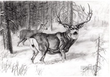 動物 Painting - 鹿の鉛筆画